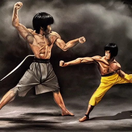 Image similar to A samurai fighting Bruce Lee, HD, high resolution, hyper realistic, 4k, intricate detail