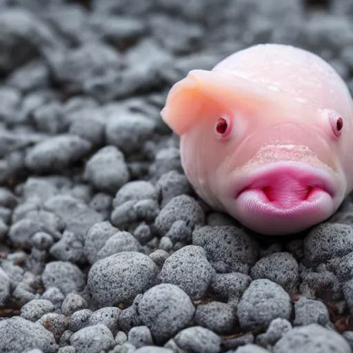 Prompt: A photo of an ice cream cone with a blobfish in it. Blobfish ice cream. Realistic, ultra high detail, 8k.