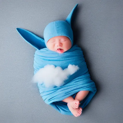 Image similar to cute cuddly baby sharks in baby's clothing swaddled in clouds, photorealistic