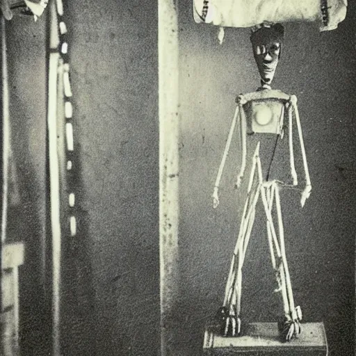 Prompt: alive, creepy marionette puppet, horrific, unnerving, clockwork horror, pediophobia, lost photograph,, dark, forgotten, final photo found before disaster, polaroid,