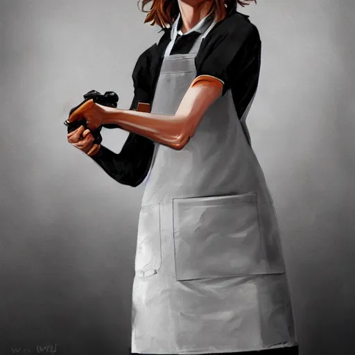 Prompt: portrait of jodie foster dressed an apron dress, carrying a shotgun, apocalypse, sharp focus, illustration, highly detailed, digital painting, concept art, art by wlop and greg cinematic lighting