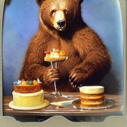 Prompt: polaroid photo of a bear eating cake, highly detailed painting by gaston bussiere, craig mullins, j. c. leyendecker