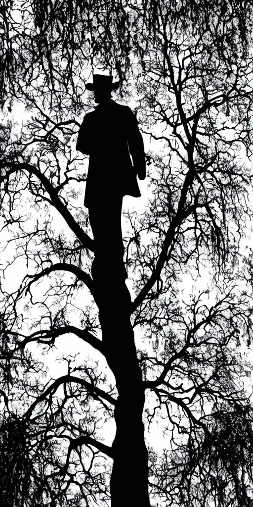 Prompt: a silhouette of Abe Lincoln standing behind a tree hiding from squirrels
