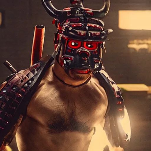 Image similar to movie still of a huge buff hypertrophic manly samurai wearing a scary cybernetic oni mask