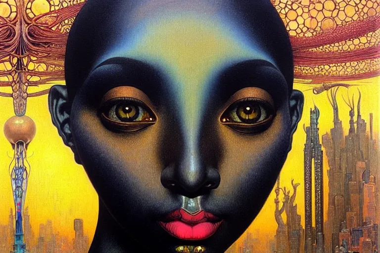 Prompt: realistic extremely detailed portrait painting of a beautiful black woman with an alien, city street on background by Jean Delville, Amano, Yves Tanguy, Ilya Repin, Alphonse Mucha, Ernst Haeckel, James C. Christensen, Edward Robert Hughes, Roger Dean, rich moody colours