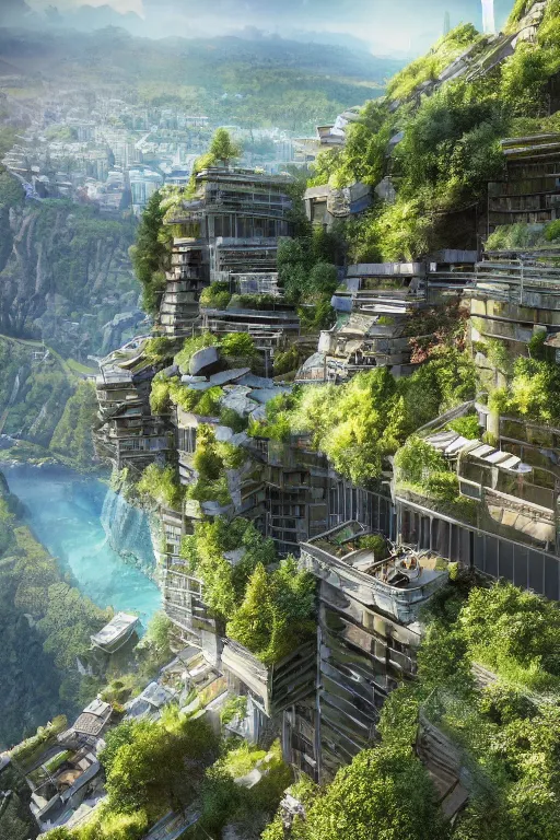 Prompt: an awesome sunny day environment concept art on a cliff, nature meets architecture by kengo kuma, with village, residential area, mixed development, highrise made up staircases, balconies, full of glass. cgsociety, fantastic realism, matte painting, terragen, artstation hq