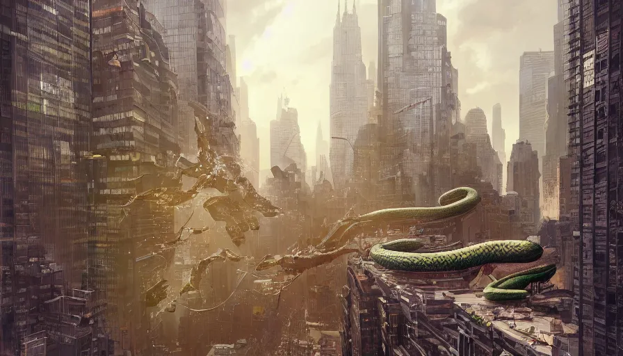 Prompt: Giant anaconda snaking through New York City and destroying buildings in its path, hyperdetailed, artstation, cgsociety, 8k