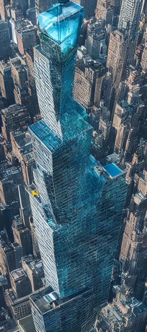 Image similar to aerial view of a giant fish tank shaped like a tower in the middle of new york city, 8k octane render, photorealistic