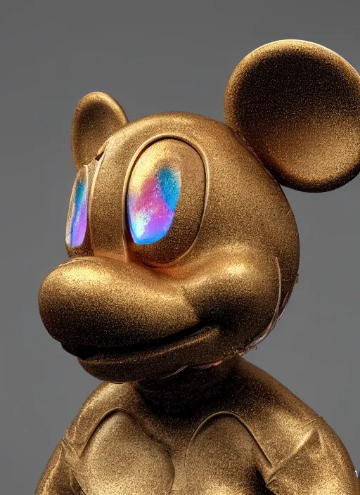 Image similar to mickey mouse head, fractal, broken, wet, mycelium, radiant alien, rococo, baroque, automotive, bio-mechanical, porcelain, iridescent sub surface scattering, octane render