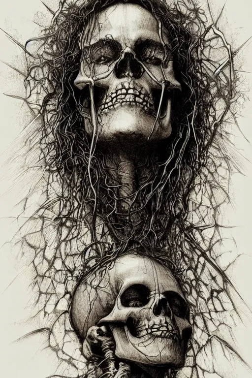 Prompt: crucified skeleton portrait album cover hyper detailed concept art sheet crosshatch sketch illustration art style by Jonathan Wayshak and Toshihiro Egawa and Zdizslaw Beksinski and Artstation trending 8k