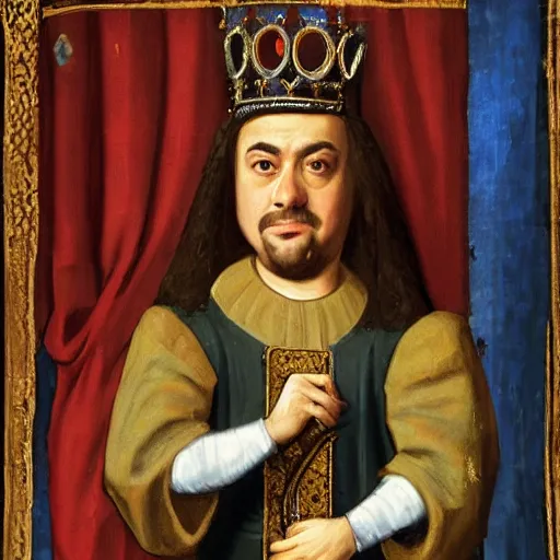 Prompt: “Ben Shapiro whining, dressed as King Luis XIV, medieval painting”