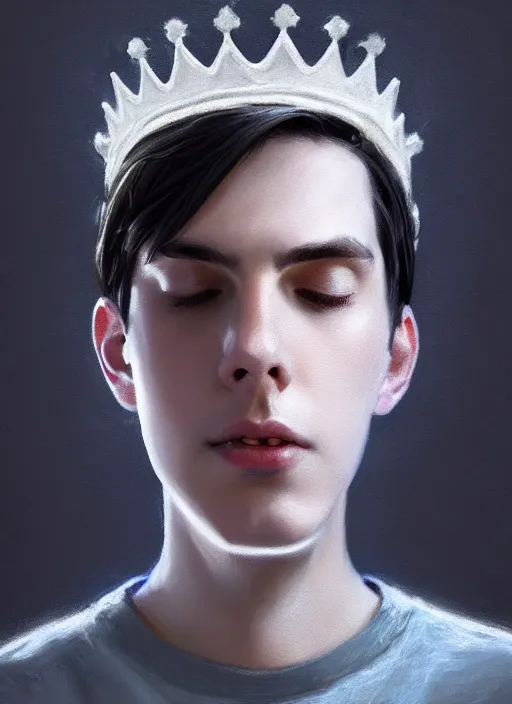 Image similar to portrait of teenage jughead jones wearing a light grey crown, photorealistic, crown, eyes closed, crown, black hair, intricate, elegant, glowing lights, highly detailed, digital painting, artstation, concept art, smooth, sharp focus, illustration, art by wlop, mars ravelo and greg rutkowski