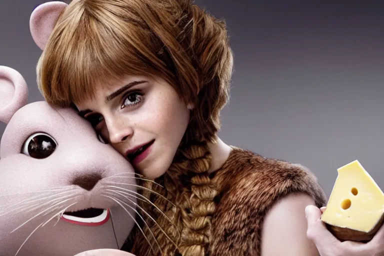 Image similar to photo, emma watson as antropomorphic furry - rat, tinky winky, eats cheese, highly detailed, intricate details