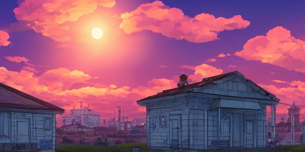 Prompt: a soviet city panel building house with sunset sky, ultra high quality, 4 k, by miyazaki and makoto shinkai, anime screenshot, colorful, artstation, pixiv,