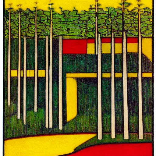 Image similar to frank lloyd wright, a busy painting of trees with a yellow background, an art deco painting by mondrian, featured on pixiv, synthetism, fauvism, creative commons attribution, academic art