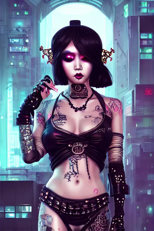 Image similar to soft lustrous ebony asian geisha goddess yakuza biotech raver gutter punk gothic cyborg, cyberpunk city, urban decay, decay, underworld, dark art, highly detailed, digital painting, octane render, artstation, concept art, smooth, sharp focus, illustration, art by artgerm, loish, wlop