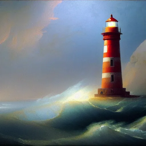 Prompt: painting of a singular lighthouse, shining its light across a tumultuous sea of blood by Aivazovsky, Trending on artstation