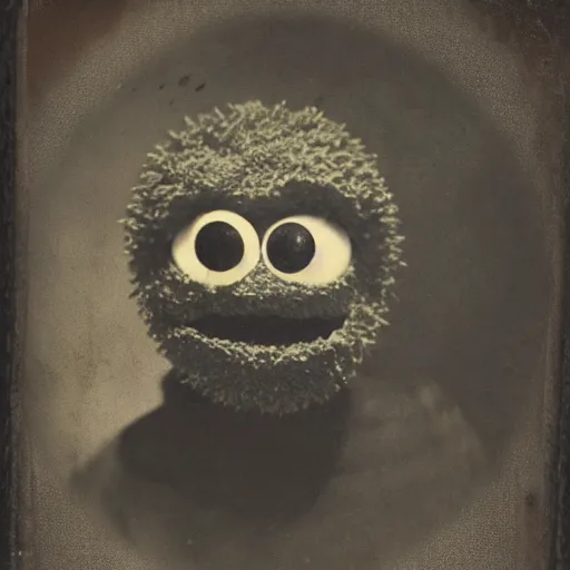 Image similar to creepy cookie monster, with evil grin, tintype, realistic.