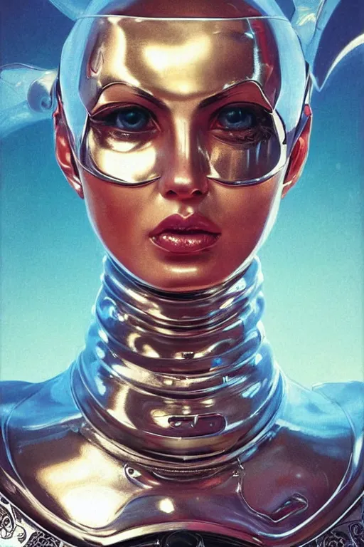 Image similar to retro-futuristic portrait of a beautiful female android in old scratchy chrome armour, wired head, blind eyes, white liquid dripping on it, ornate background, rim light, ornate pattern, glowing eyes, evil expression, high details, intricate details, renaissance painting by vincent di fate, artgerm julie bell beeple, 80s, Smooth gradients, High contrast, depth of field, very coherent symmetrical artwork