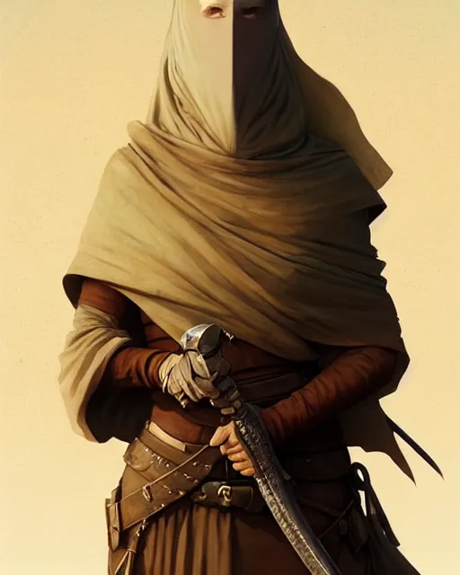 Image similar to female desert stalker, middle ages, lonely rider, covered head, full body | | realistic shaded, fine details, realistic shaded lighting poster by greg rutkowski, diego gisbert llorens, magali villeneuve, artgerm, jeremy lipkin and rob rey