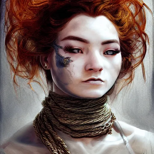 Image similar to portrait of a Shibari rope wrapped face and neck, headshot, insanely nice professional hair style, dramatic hair color, digital painting, of a old 17th century, old cyborg merchant, amber jewels, baroque, ornate clothing, scifi, realistic, hyperdetailed, chiaroscuro, concept art, art by Franz Hals and Jon Foster and Ayami Kojima and Amano and Karol Bak,