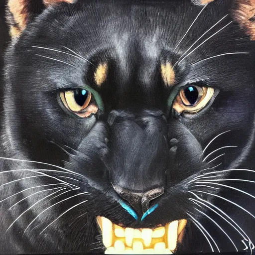 Prompt: oil on canvas of one beautiful majestic black panther. beautiful. mysterious. intricately detailed. meticulously rendered. background is a jungle. 8 k hd. trending on art station. h 7 6 8