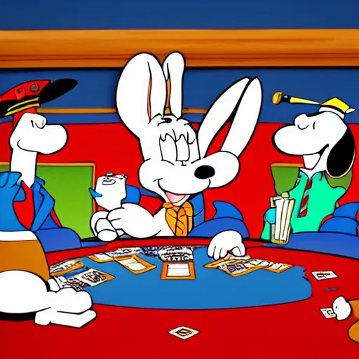 Image similar to a highly detailed vector picture of bugs bunny and captain cruch and snoopy and bender playing poker, octane render, 4 k resolution, trending on artstation, masterpiece