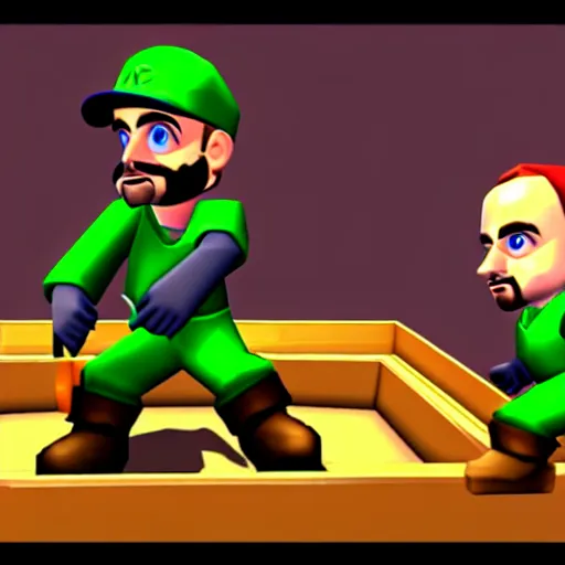 Image similar to jessie pinkman and walter moving barrel, nintendo 6 4 screenshot, low poly, aliased