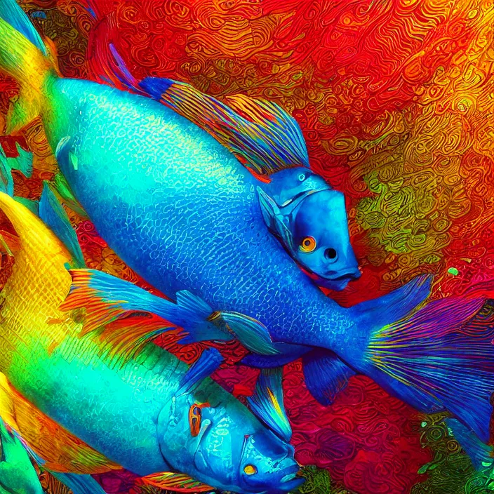 Image similar to colorful fish swimming, in intricate abstract. delicate artwork. by Tooth Wu, wlop, beeple, dan mumford. octane render, trending on artstation, greg rutkowski very coherent symmetrical artwork. cinematic, hyper realism, high detail, octane render, 8k, depth of field, bokeh. chrome accents.