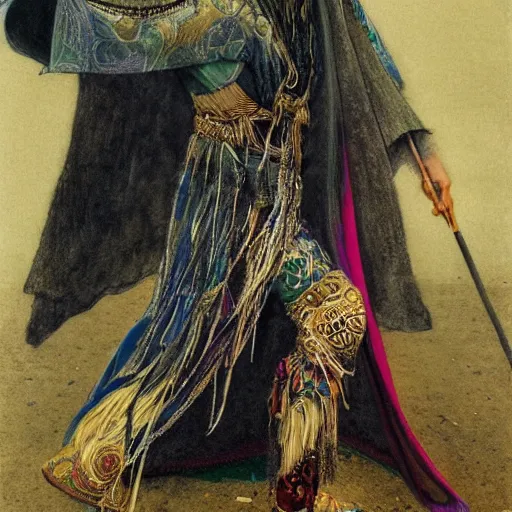 Image similar to a shaman in a rainbow hooded poncho, a venetian mask and holding a gold cane. by alan lee