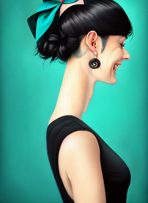 Image similar to portrait of high school girl, realistic, black hair, bangs, half updo hairstyle, pointy nose, skinny, smile, ugly, defined jawline, big chin, teal hair bow, earrings, intricate, elegant, glowing lights, highly detailed, digital painting, artstation, sharp focus, illustration, art by wlop, mars ravelo and greg rutkowski