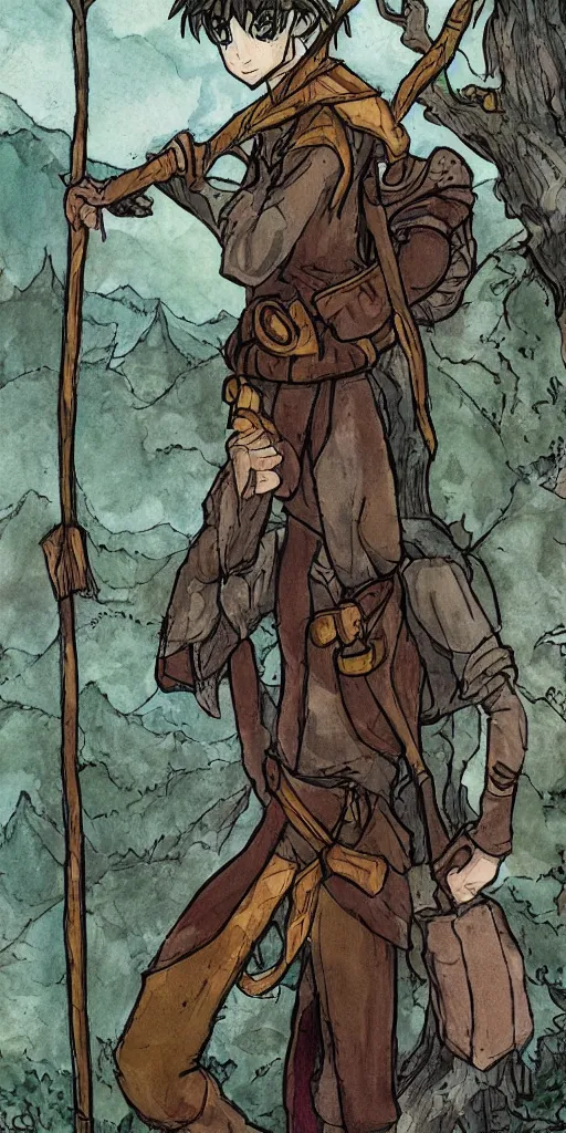 Prompt: an wood elf boy getting ready for an high fantasy adventure on the mountain side, anime style, tarot card,