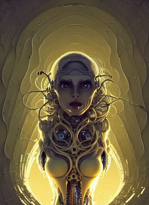 Prompt: highly detailed portrait of a biomechanical long curly white hair tribal lady, stray wiring by atey ghailan, james gilleard, by joe fenton, by greg rutkowski, by greg tocchini, by kaethe butcher, 4 k resolution, gradient yellow, black and white color scheme!!! ( ( dystopian robotic tessellating pyramid pouring sandfall background ) )