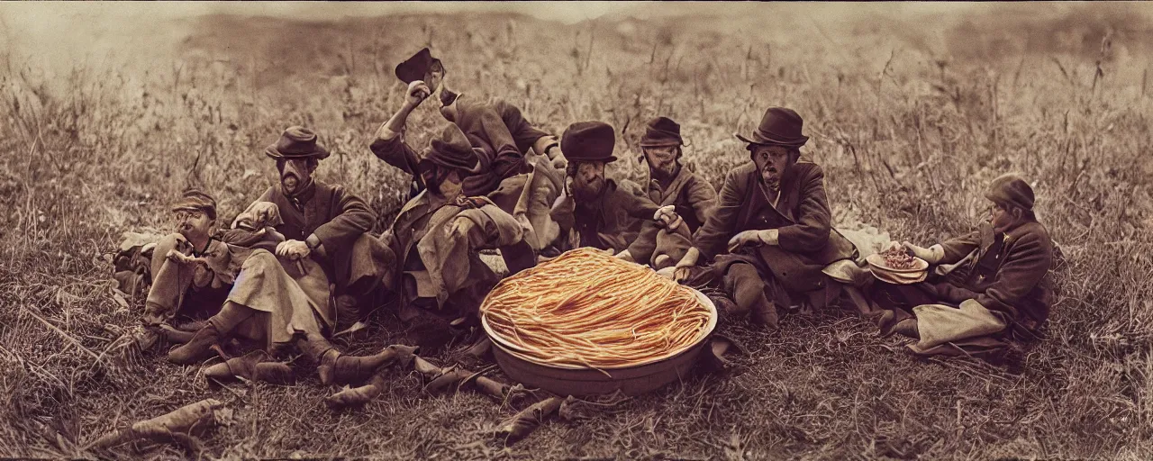 Image similar to eating spaghetti on the battlefield, american civil war, tintype sigma 5 0 mm, cinematic lighting, photography, wes anderson, kodachrome