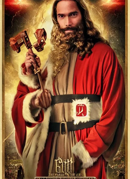 Image similar to Santa vs Jesus: Resurrection 2, epic movie poster, showing at a movie theatre near you, 80s hand painted, intricate, high detail, with text, high rated reviews