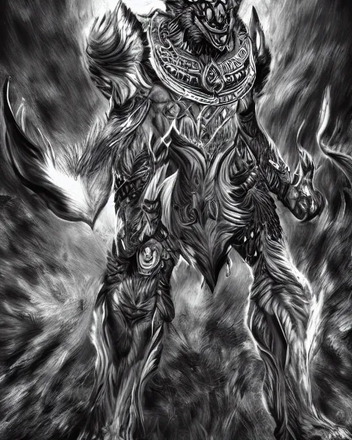 Image similar to A minotaur wolf, full body, black and white, highly detailed, close-up, fantasy art, monster art, in the style of masami kurumada, illustration, epic, fantasy, intricate, hyper detailed, artstation, concept art, smooth, sharp focus, ray tracing