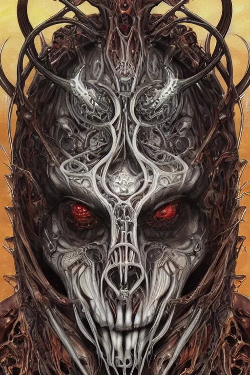 Prompt: Elden Ring and Doom themed painting of majestic chromatic biomechanical anatomical hybrid satanic goat symmetrical neutral mask closeup face tattoo pattern golden ratio concept, Neo-Gothic concept, infinity glyph waves, intricate artwork masterpiece, very coherent artwork, cinematic, full frontal facial features by Artgerm, art by H.R. Giger, Joseph Michael Linsner, Zdizslaw Beksinski, Johnatan Wayshak, Moebius, Ayami Kojima, very anatomically coherent artwork, trending on cgsociety, ultra high quality model, production quality cinema model, high detail chromatic ink outline, octane render, unreal engine 8k, hyper realism, high detail, octane render, unreal engine, 8k, High contrast