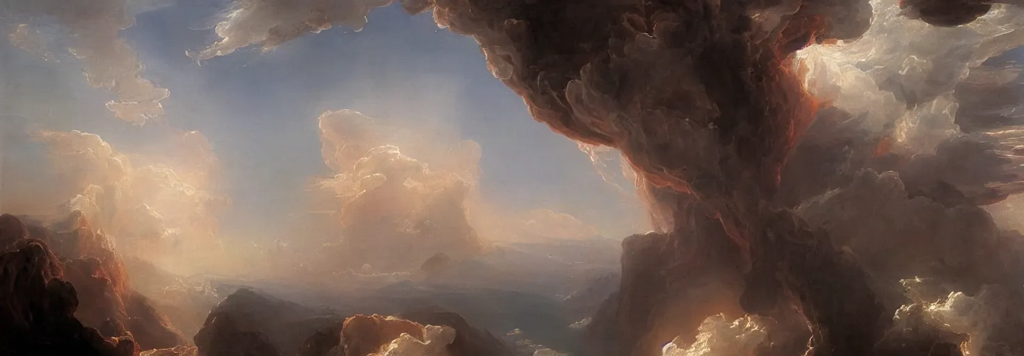 Prompt: a painting of a hand descending from the clouds demand payment for daily existence, in the style of an epic Thomas Cole painting