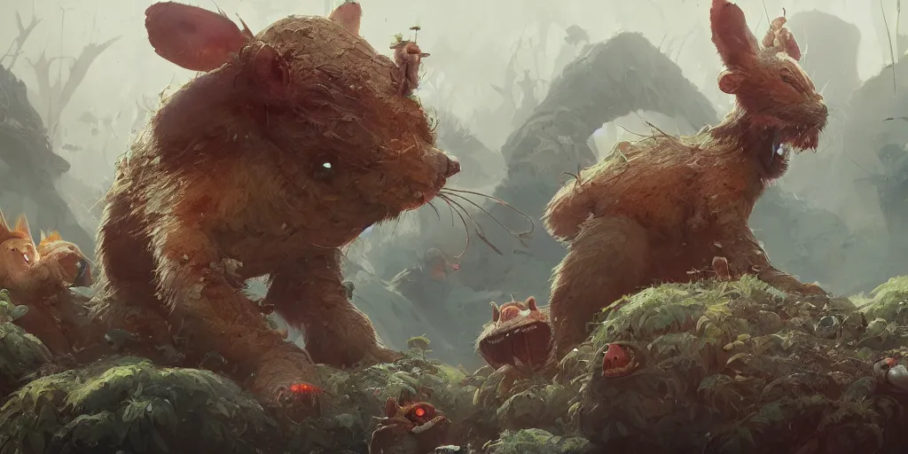 Image similar to Happy cute critters, Moebius, Kim Jung Gi, Greg Rutkowski, Zabrocki, Karlkka, Jayison Devadas, Phuoc Quan, trending on Artstation, 8K, ultra wide angle, pincushion lens effect