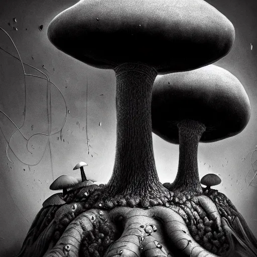 Image similar to mushroom man, fungus, freak show, surrealism, fractalism, strange, hyperdetailed, photorealistic, interesting, benoit b. mandelbrot, m. c. escher, patrick woodroffe, ernst fuchs, zdzisław beksinski, id magazine, octane, cinematic, hyperrealism, 8 k, depth of field, bokeh