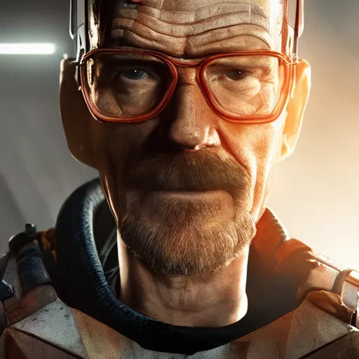 Image similar to Bryan Cranston dressed up as Gordon Freeman for Half Life Movie film still, 4k resolution, 8k resolution, HD Quality, highly detailed, very detailed, detailed, studio quality lighting, digital art, trending on artstation, film still