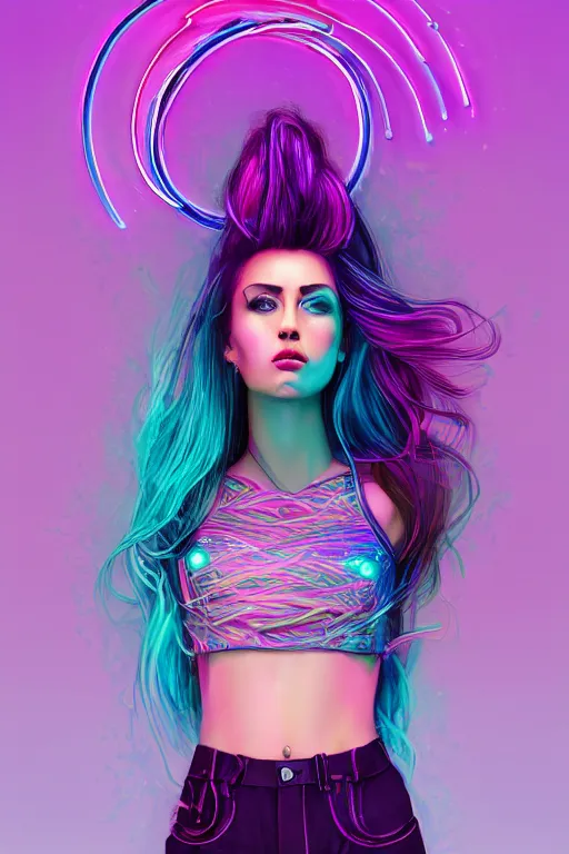 Prompt: a award winning half body portrait of a beautiful woman with stunning eyes in a croptop and cargo pants with ombre purple pink teal hairstyle by thomas danthony, surrounded by whirling illuminated lines, outrun, vaporware, shaded flat illustration, digital art, trending on artstation, highly detailed, fine detail, intricate
