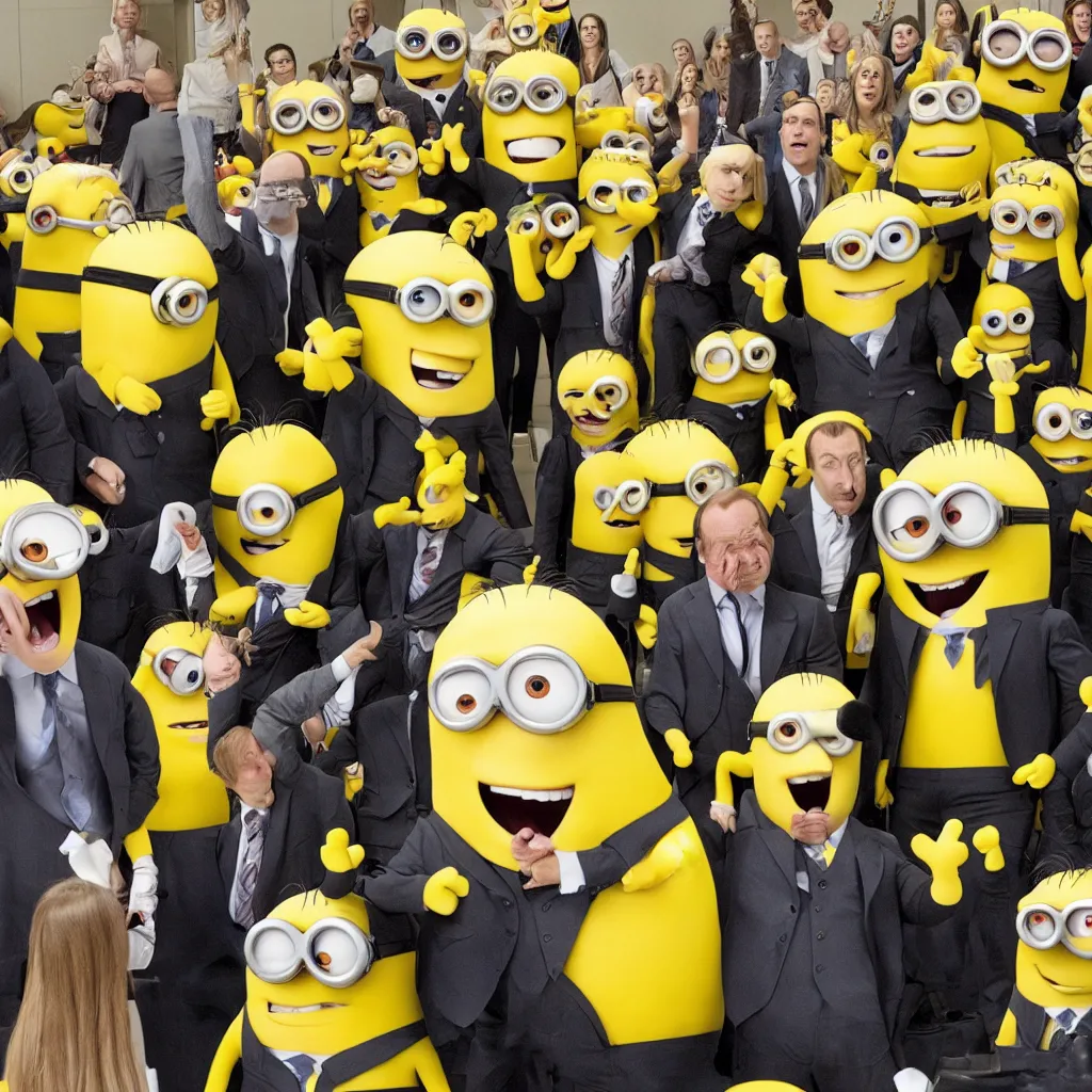 Prompt: Saul Goodman defending the minions in court