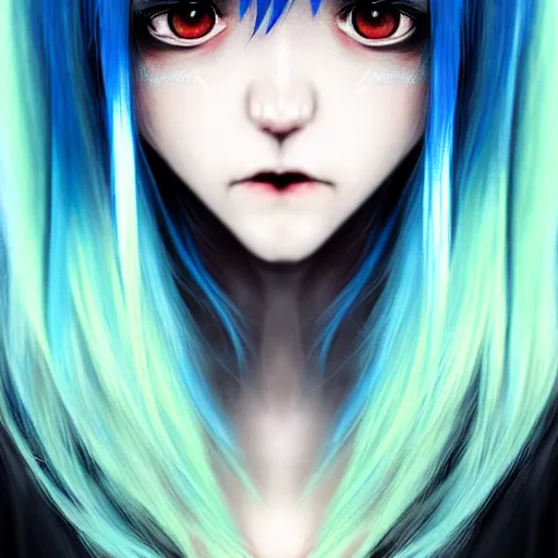 Image similar to full face shot of rimuru tempest, sky blue straight hair, long bangs, with amber eyes, wearing a black jacket, high collar, ultra detailed, concept art, award winning photography, digital painting, cinematic, wlop artstation, closeup, pixiv, evil, yoshitaka amano, andy warhol, ilya kuvshinov,