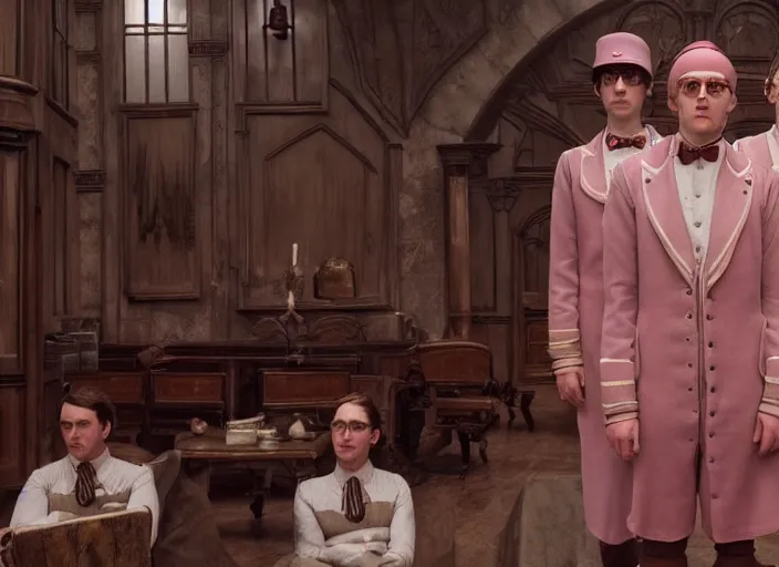 Image similar to a film still of cosplay of harry potter in the grand budapest hotel ( 2 0 1 4 ), 4 k