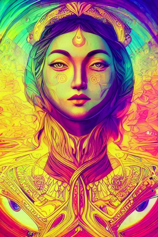 Image similar to beautiful goddess of space and dreams, psychedelic, mandala, coherent design, symmetrical, face by artgerm, trending on artstation, vivid color, complementary color, golden ratio, detailed, sharp lines, sharp focus, intricate, rainbowshift, maxfield parrish, alphonse mucha, deviantart, octane render