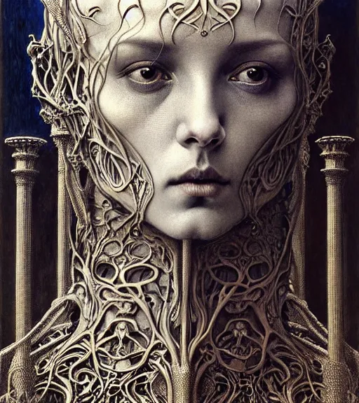 Image similar to detailed realistic beautiful young medieval robot face portrait by jean delville, gustave dore and marco mazzoni, art nouveau, symbolist, visionary, gothic, pre - raphaelite. horizontal symmetry by zdzisław beksinski, iris van herpen, raymond swanland and alphonse mucha. highly detailed, hyper - real, beautiful