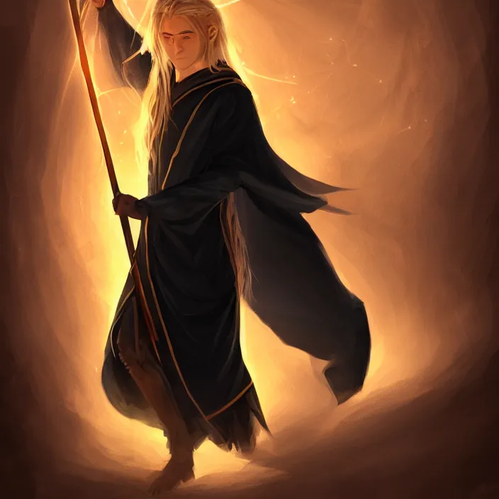 Prompt: Young, handsome wizard with a blonde ponytail wearing exquisite black robes, a spider cloak and wielding a legendary staff of light. Magic, bright lighting, flux. High fantasy, digital painting, HD, 4k, detailed.