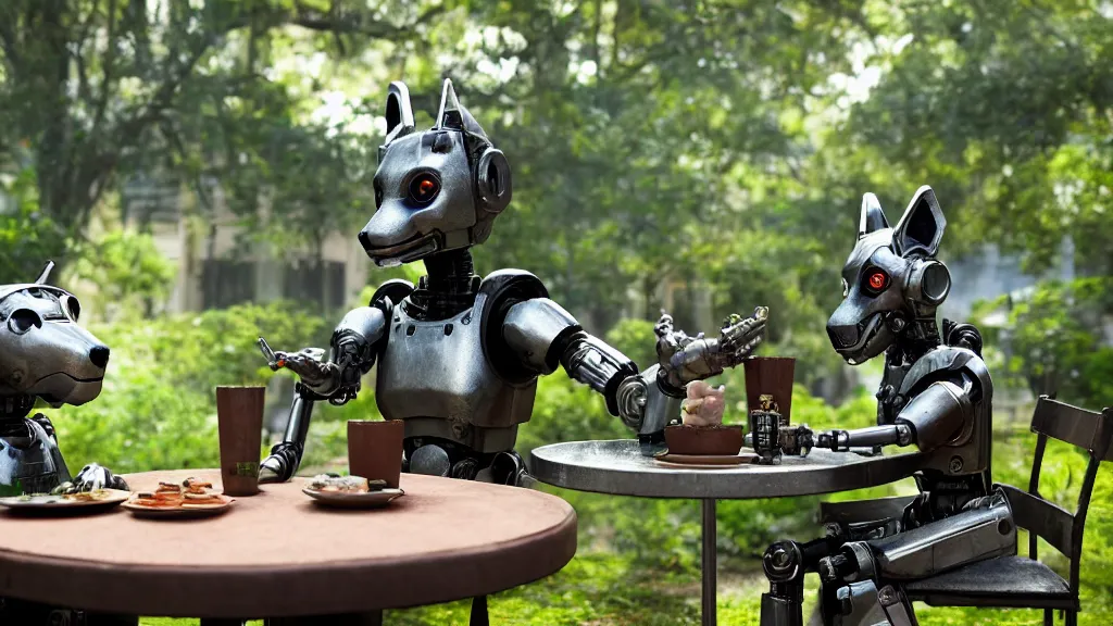 Image similar to film still from the movie chappie of the robot chappie shiny metal outdoor park plants garden scene bokeh depth of field several figures sitting down at a table having a tea party furry anthro anthropomorphic stylized cat ears wolf muzzle head android service droid robot machine fursona