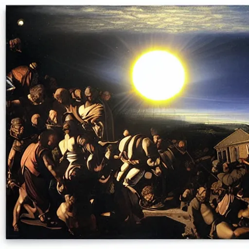 Prompt: dark solar eclipse, above a village, highly detailed, studio 4 k quality, by caravaggio